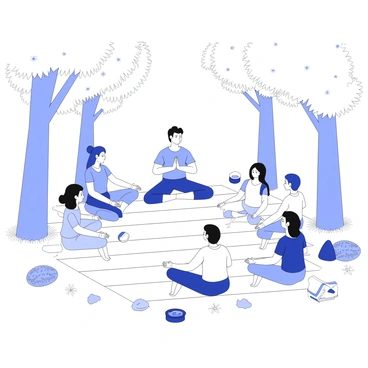 A group of participants is seated in a circle on a wooden deck at a retreat. They are engaged in practicing mindfulness techniques, with some individuals in meditation poses and others sitting with relaxed postures. Each participant has their eyes closed, focused on their breath. Surrounding them are tall trees providing natural shade, with gentle leaves rustling in the breeze. The ground is adorned with soft grass, and there are small rocks arranged in a calming pattern nearby. A few participants have small notepads beside them, ready to jot down their thoughts. An atmosphere of peace and focus is evident among the group.