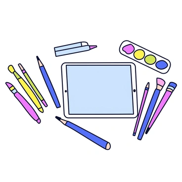 A close-up view of various illustration tools displayed neatly on a clean surface. There are several colorful paintbrushes with varying bristle sizes, positioned alongside sharpened pencils in different lengths and colors. A digital tablet with a sleek design is placed in the center, featuring a clear screen reflecting the light. Next to the tablet, there is a small palette with vibrant paint colors, ready for use. Each tool is organized in a way that showcases its unique shape and color, creating a harmonious arrangement.
