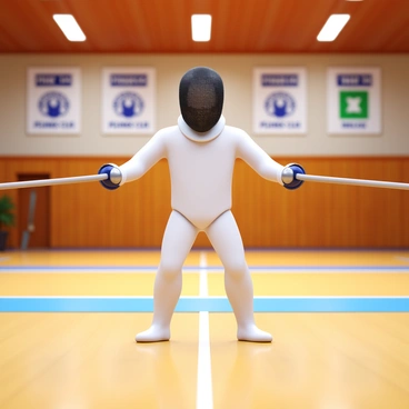 A fencer in a white uniform, wearing a protective mask, stands in a poised stance, focused intently on an unseen opponent. The fencer holds a foil with a firm grip, displaying a keen expression beneath the mask. The gymnasium background features wooden floorboards and bright overhead lights, creating a clear, well-lit environment. The walls are adorned with banners representing various fencing clubs. The scene captures the intensity of the match, emphasizing the fencer's concentration and readiness for action.