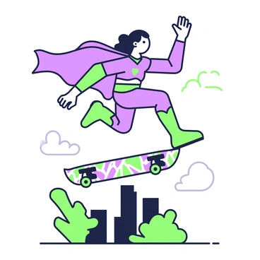 A cartoon-style superhero is soaring through the air above a skateboard deck. The superhero is wearing a vibrant costume with a cape billowing behind them as they gracefully maneuver. The skateboard deck is detailed with bold graphics and patterns, showcasing vibrant designs. Below the skateboard deck, there are urban elements like a city skyline and a few trees, adding context to the scene. The superhero's facial expression is determined, emphasizing their heroic demeanor as they promote action and excitement in the image.