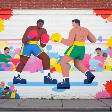 A vibrant street mural depicting a dynamic boxing scene
