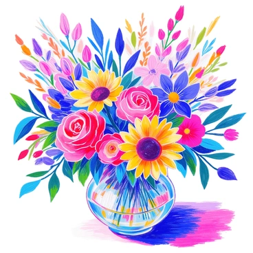 A vibrant arrangement of various flowers creates a rainbow of colors. The bouquet includes red roses, bright yellow sunflowers, deep blue delphiniums, and purple irises. Green leaves provide contrast, framing the colorful blooms. The flowers are arranged in a clear glass vase that reflects light, enhancing the vivid hues. Each flower displays intricate details, with petals in varying shapes and sizes. The overall composition is lively and dynamic.