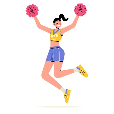 A cheerleader mid-jump, wearing a vibrant uniform with a bright color scheme. She holds two pom-poms, one in each hand, raised above her head. Her hair is styled in a high ponytail, flowing beautifully in the air. Her face is lit up with a wide smile, clearly beaming with excitement. The background features a subtle hint of a cheering crowd and bright stadium lights.