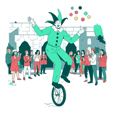 A jester juggling colorful balls while balancing on a unicycle in a busy courtyard.