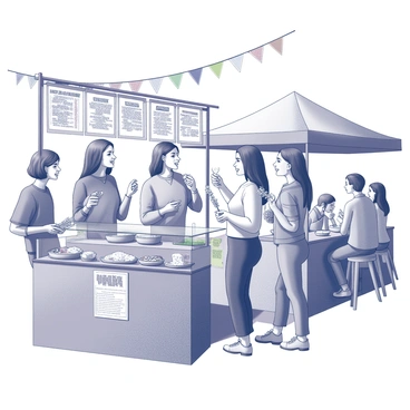 A group of friends is gathered in a busy outdoor market. They are standing around a food stall that features various street food items displayed prominently. Each friend is holding a different food item, such as skewers, tacos, or bowls of noodles. The scene is lively, with people milling about and colorful banners hanging above the market. Tables are set up nearby, filled with additional food options and patrons enjoying their meals. The friends are engaged in conversation, laughing, and sharing bites of their food with one another.
