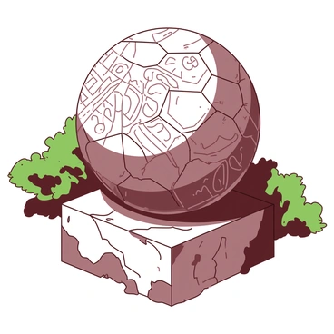 A textured stone soccer ball sits on a pedestal, showcasing intricate carvings that resemble ancient symbols and patterns. The ball has a weathered appearance, with cracks and imperfections adding to its artifact-like quality. Sunlight shines on the stone, casting soft shadows around it. The background features hints of lush green foliage, contrasting with the stone's earthy tones.