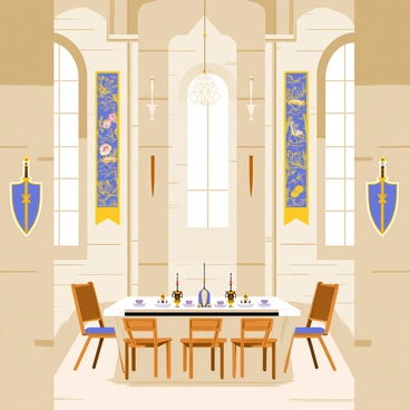An illustration of a castle interior with detailed tapestries and ornate decorations