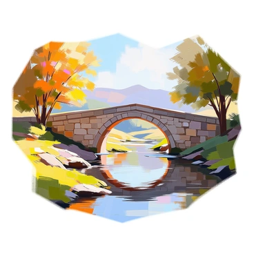 A linogravure depicting an old stone bridge arching gracefully over a gentle river. The bridge is constructed from weathered stones, showcasing its age and character. Lush greenery lines the riverbanks, with a variety of trees casting dappled shadows on the water. The river flows peacefully underneath the bridge, reflecting the soft contours of the surrounding landscape. In the distance, rolling hills create a tranquil backdrop to this serene countryside scene.