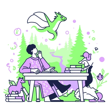 An author is sitting at a wooden desk, deeply immersed in thought as they imagine a fantasy world. The desk is scattered with open books, scrolls, and quills. The author is wearing a flowing robe with intricate patterns. Surrounding them, various elements of the fantasy world are coming to life. A dragon is soaring above, its wings spread wide, while a forest of tall, twisted trees is forming in the background. To the side, a shimmering river flows with bright waves, and glowing orbs of light float gently in the air. In the foreground, mythical creatures such as fairies and unicorns can be seen interacting. The author's expression reflects wonder and creativity, completely absorbed in their imagination.