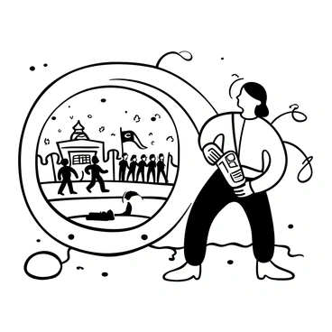 A person in a futuristic outfit standing in front of a glowing portal. The portal shows glimpses of significant historical events, including a crowd gathered around a building with banners, soldiers marching in formation, and people signing a document. The traveler holds a device with buttons in one hand, while their other hand reaches toward the portal. A swirling energy effect surrounds the portal, adding a sense of movement. The ground is uneven, suggesting a time-worn landscape.