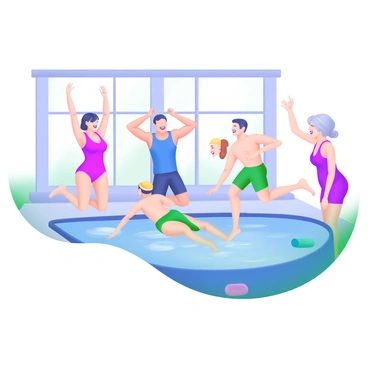 A modern pastel illustration depicting a group of five people participating in a water aerobics class in an indoor pool. The first person is a woman in a bright pink swimsuit, performing a jumping jacks motion. Next to her, a man in a blue tank top is lifting his arms above his head. Another woman is floating in the water with a smile, wearing a yellow swim cap. A fourth participant, a man in green swim shorts, is kicking his legs behind him, while the fifth person, an older woman in a purple swimsuit, is encouraging them from the edge of the pool. The indoor pool area has large windows letting in soft light, and floating foam noodles are scattered throughout the water.