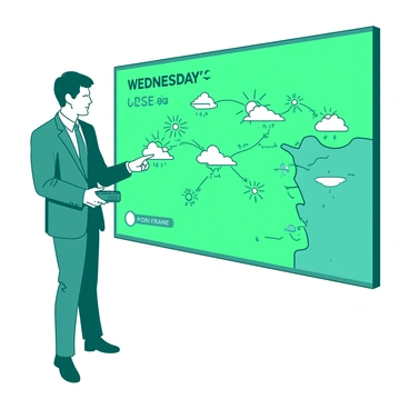 A teal weather forecaster is standing confidently in front of a white green screen. The forecaster is wearing a sharp suit and holding a remote control to navigate the weather map. Displayed on the green screen behind them is a detailed map illustrating Wednesday's weather patterns, featuring various symbols for sun, clouds, and rain across different regions. The forecaster is pointing at specific areas on the map, highlighting the expected weather conditions. The overall composition captures the dynamic and informative nature of a weather broadcast.