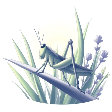 A grasshopper perched on a blade of grass, its body perfectly aligned with the surrounding foliage. The grasshopper's texture resembles that of the green leaves and stems nearby, allowing it to blend seamlessly into the vibrant environment. Sunlight filters through the leaves overhead, casting soft shadows on the grasshopper while illuminating the intricate details of its legs and wings. The grasshopper is in a stationary position, with its antennae slightly raised, scanning the surroundings. A few scattered wildflowers and additional blades of grass create a natural habitat around it, emphasizing the grasshopper's ability to remain concealed.