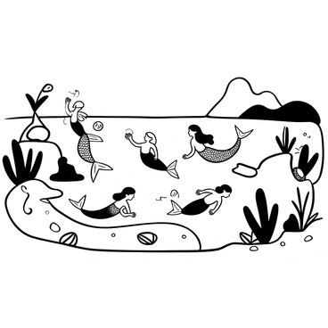 A serene lagoon with mermaids playfully swimming in crystal-clear waters