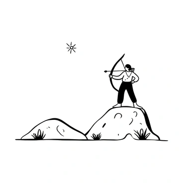 An archer standing on a sand dune, aiming at a distant mirage