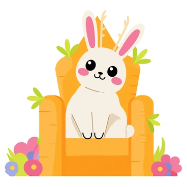 A fluffy bunny with soft white fur and large, expressive eyes is sitting proudly on a throne made entirely of bright orange carrots. The bunny has prominent antlers that sprout majestically from its head, adding a whimsical touch to its appearance. The throne is intricately designed, with the carrots arranged in a regal structure, and a few green leaves peeking out from the sides. The background features a vibrant garden filled with colorful flowers, enhancing the fairy-tale atmosphere of the scene.
