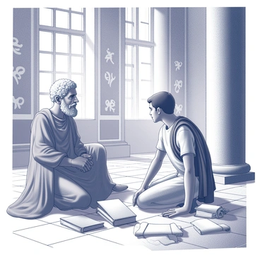 A grand palace interior features marble columns and intricate frescoes on the walls. In the center, "Aristotle," an elderly man with a long beard and wearing a flowing robe, is engaged in conversation with a young "Alexander the Great." Alexander, dressed in a simple yet regal tunic, listens attentively, gazing at Aristotle with admiration. The atmosphere is filled with scrolls and books scattered around them, indicating a scholarly environment. Natural light streams in through large windows, casting soft shadows across the ornate tiled floor. The two figures are positioned in a way that highlights their dialogue, embodying a dynamic mentor-student relationship.