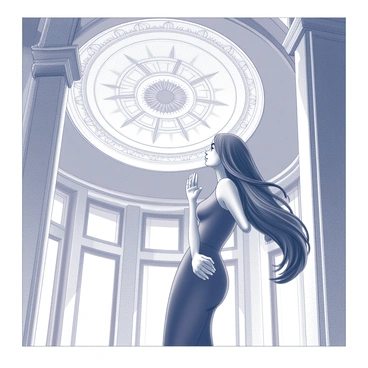 A woman standing in a grand building, gazing up at a detailed art deco ceiling. She has long, flowing hair and wears an elegant dress that complements the architecture around her. The ceiling features intricate geometric patterns and ornate designs, showcasing the unique style of the art deco period. The interior of the building is spacious, with high ceilings and large windows that allow natural light to filter in, casting shadows and highlights across the scene. The woman appears captivated by the beauty of the ceiling, her expression reflecting awe and admiration.