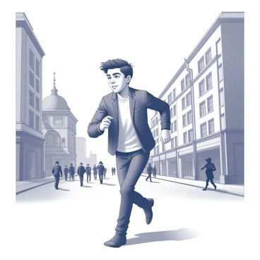 A young man named "Hugo" is captured in motion as he runs through a bustling street in "Paris." He has a determined expression on his face, showcasing focus and urgency. In the background, there are several iconic buildings, including tall structures with detailed architectural designs and recognizable features, contributing to the lively atmosphere of the city. The street is filled with people, adding to the sense of activity, while the sky above is clear.