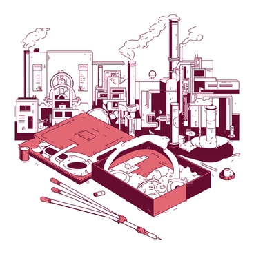 A duotone illustration of a mechanical matchbook design situated within a steampunk factory. The matchbook is partially open, revealing matches with ornate, metal tips. Surrounding the matchbook are intricate gears, some in motion, interconnected with visible steam pipes that emit wisps of steam. The factory's background features large machinery and more pipes, all designed meticulously with rivets and metallic textures. The overall composition emphasizes the functionality and aesthetic of steampunk technology within the setting.