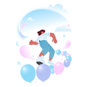 A person in a colorful outfit is walking on a path made entirely of floating balloons. The balloons are vibrant and varied in size, creating a playful and lively atmosphere. Above the path, a clear blue sky is visible, while fluffy white clouds drift lazily. Surrounding the balloons are swirls of pastel colors, enhancing the whimsical nature of the scene. The person's arms are outstretched slightly, as if embracing the magic of their journey.