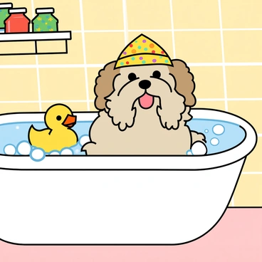 A Shih Tzu enjoying a bubble bath with a rubber duck and a shower cap