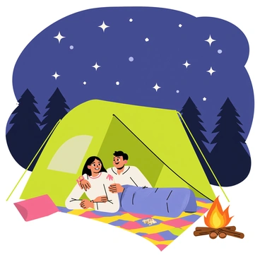 A couple lying on a colorful checkered blanket outside their green tent. The woman has long brown hair, while the man has short black hair, both smiling as they gaze up at a dark blue starry sky filled with white and twinkling stars. The tent is slightly open, revealing a cozy interior with a sleeping bag. Nearby, there is a small campfire with glowing embers and a few scattered logs. In the background, silhouettes of trees can be seen, creating a peaceful camping atmosphere.