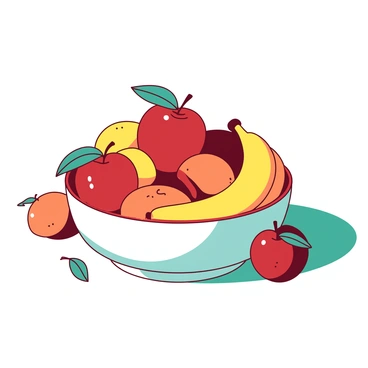 A white bowl filled with a variety of fresh fruits is placed at the center of a 16x20 illustration board. The bowl contains ripe red apples, vibrant yellow bananas, and juicy orange oranges, all arranged in an appealing manner. The fruits are slightly scattered around the bowl, with a few sitting outside, creating a lively composition. The background is a soft teal color that contrasts with the colors of the fruits, enhancing their freshness and appeal.