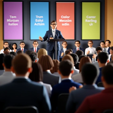 A guest speaker stands at a podium with a microphone, dressed in a smart blazer and glasses. He has short, neatly combed hair and is mid-sentence, gesturing with his right hand. Behind him, colorful banners showcasing the event title hang prominently. The audience, composed of diverse individuals, displays expressions of enthusiasm and engagement. Some audience members are taking notes, while others are clapping and smiling. Bright lights illuminate the scene, highlighting the energy in the room.
