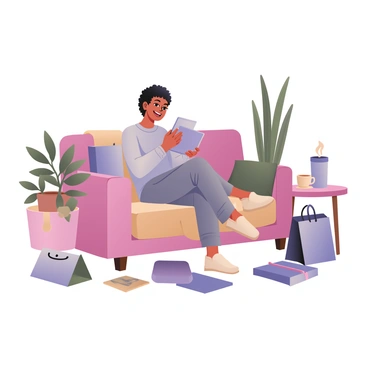 A person sitting comfortably on a cozy couch in a well-lit living room. The individual has medium skin and short curly hair, wearing a soft, light blue sweater and comfortable gray sweatpants. They are holding a tablet, displaying a shopping app, and their face is lit up with a joyful expression. Around them, there are scattered colorful shopping bags and a steaming cup of tea on a small table to the side. A houseplant is positioned in the corner, adding a touch of greenery to the scene. A warm throw blanket is draped casually over the arm of the couch, conveying a relaxed atmosphere.