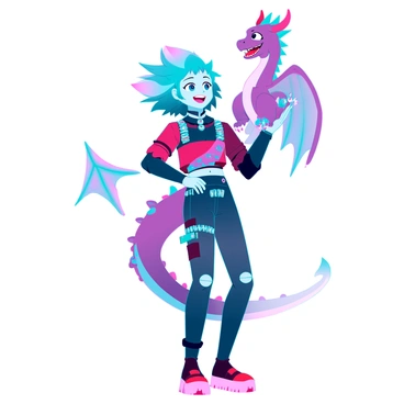 A cheerful anime character with large expressive eyes and colorful hair styled in an elaborate fashion. They are wearing a vibrant outfit adorned with various patterns and accessories. A small, friendly dragon with bright scales and oversized wings is perched playfully on their shoulder. The dragon has a wide smile and sparkling eyes, with its tail wrapping gently around the character's arm. The character is standing in a lively pose, looking up at the dragon, suggesting a bond of friendship between them.