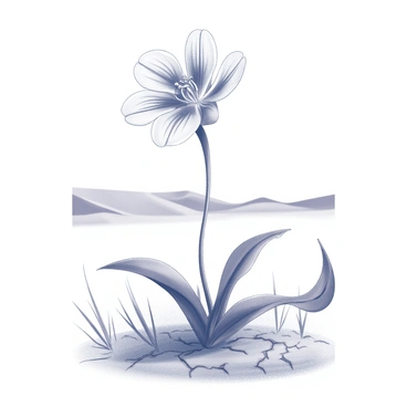 A flower with multiple petals is blooming amidst a barren desert landscape. The flower stands tall with intricate details on each petal, showcasing a delicate structure. Surrounding the flower are cracked, dry earth and sparse vegetation, emphasizing the contrast between life and the desolate environment. In the background, the horizon features distant sand dunes, completing the stark setting of the desert.