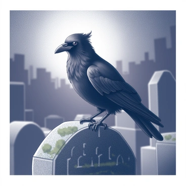 A solitary crow sits on an old headstone that is covered in moss. The headstone features intricate carvings that have weathered over time, showcasing its age. The background is a dimly lit cemetery, with shadows stretching across the ground. The sky is transitioning into darkness, with the last remnants of light fading away. The crow's feathers are ruffled slightly by a gentle breeze, and its sharp gaze is directed towards the viewer, adding an air of mystery to the scene.