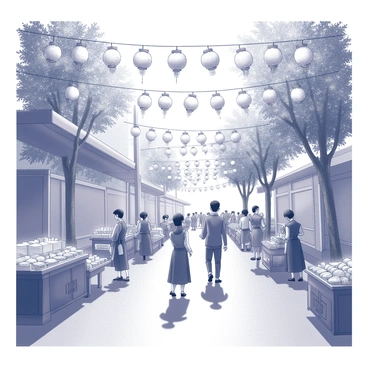 A picturesque street adorned with colorful lanterns and lights for the Tet festival at night.