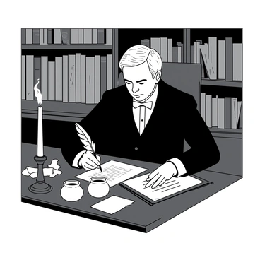 A historical figure in a traditional suit is seated at a dark wooden desk, meticulously signing a document related to "black codes." The figure is focused, with a feather quill in hand, poised above the paper. In front of the figure, there are several inkpots and crumpled papers scattered across the desk, indicating the weight of the decisions being made. A flickering candle sits to one side, casting soft shadows and illuminating the scene. The background features shelves filled with old books, adding to the historical ambiance.
