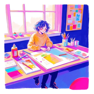 A character surrounded by sketches and fabric samples, deep in thought about their next creation