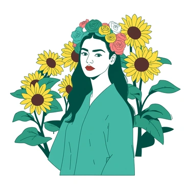 A teal woman resembling Frida Kahlo stands confidently in a field filled with bright yellow sunflowers. She is adorned with a vibrant flower headband made of various colors, adding a lively touch to her appearance. Her dark hair cascades down her shoulders, framing her face. The sunflowers tower around her, their large yellow petals and green leaves surrounding her figure. The sunlight casts a warm glow on the scene, enhancing the color of the flowers and the woman's headband.