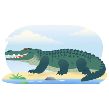 A large saltwater crocodile with dark green scales is basking in the sun on a sandy riverbank. The crocodile's body is partially submerged in shallow water, reflecting light off its wet skin. Surrounding the riverbank are patches of lush green grass and small river stones. In the background, the river flows slowly, with gentle ripples on the surface. The sky above is bright blue, dotted with a few fluffy white clouds. The crocodile’s eyes are closed, and its powerful jaws are slightly open, showcasing its sharp teeth.