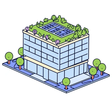 A modern building with a sleek architectural design featuring large glass windows and a multi-story structure. The rooftop is covered with lush greenery, showcasing a vibrant garden with various plants. Solar panels are neatly installed on the roof, glinting under the sunlight. Surrounding the building are pathways paved with stones and small trees that complement the eco-friendly theme. The overall structure emphasizes sustainability with a balance of nature and contemporary design.