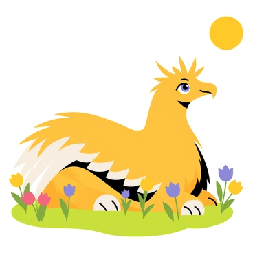 A griffon with a majestic golden-brown body and white feathers on its wings is resting in a field of colorful wildflowers. The griffon has piercing blue eyes and a proud expression. Around the griffon, vibrant flowers in shades of purple, yellow, and red are swaying gently in the breeze. The sun shines brightly overhead, casting a warm glow over the scene, highlighting the intricate details of the griffon's feathers and the lush greenery of the field.