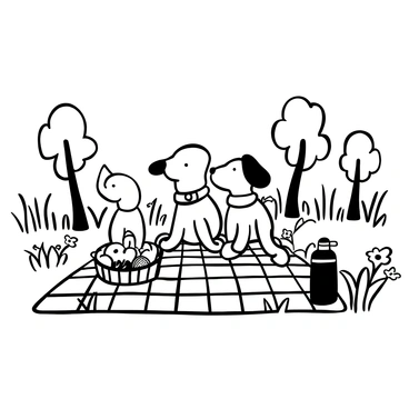 A family of balloon dogs sitting together on a picnic blanket in a meadow