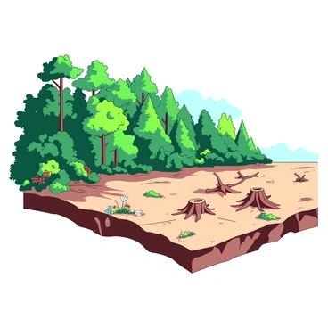 A vibrant forest filled with lush green trees and dense foliage occupies the left side of the image. Sunlight filters through the leaves, casting dappled shadows on the forest floor, which is covered with vibrant undergrowth and colorful wildflowers. On the right side of the image, a barren landscape stretches out, with stumps and fallen branches scattered across the ground. The earth appears dry and cracked, devoid of plant life, with a dull and muted color palette. A stark contrast is evident between the thriving forest and the desolate area of deforestation.