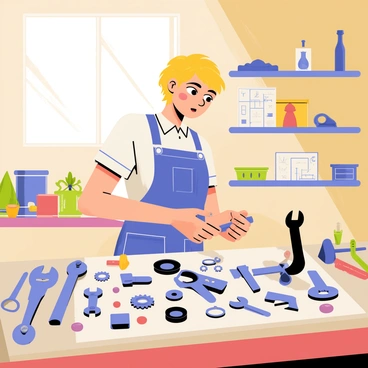 A young woman with short blonde hair, wearing a blue work apron, is focused on assembling automail parts in her workshop. She is surrounded by various tools such as wrenches, hammers, and pliers, neatly organized on a workbench. Metal parts of different sizes are scattered around her, including gears and mechanical limbs. Sunlight streams in through a window, illuminating the workspace filled with a sense of industrious energy. In the background, there are shelves stocked with additional automail components and blueprints.