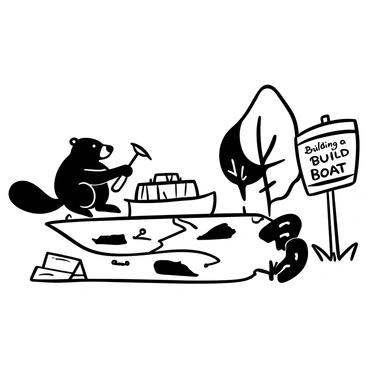 A beaver holding a hammer in one paw and a nail in the other, focused on assembling wooden planks to construct a small boat. The beaver is positioned on a grassy riverbank, with the river flowing nearby. Several wooden pieces are scattered around, along with a small toolbox next to the beaver. Nearby, a few trees are reflected in the calm water of the river. "Building a boat" is written on a signpost planted in the ground.