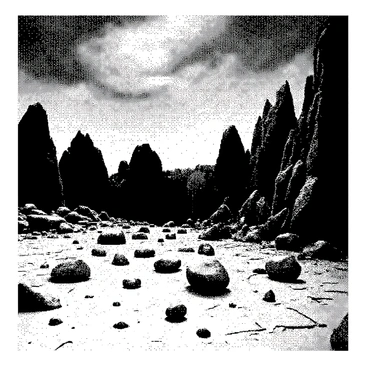 A barren landscape is filled with jagged rocks and scattered stones. The ground is uneven and cracked, showing signs of erosion. Above, a sky is filled with dark, swirling clouds that create a sense of heaviness. The atmosphere feels tense, with no vegetation or signs of life in sight. The rocks cast long shadows on the ground, adding to the starkness of the scene.