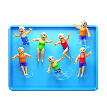 A group of elderly people participating in a water aerobics class in a bright blue pool. Each person is wearing colorful swimsuits and is engaging in various exercises, such as leg lifts and arm movements. Some individuals are using floatation devices for support. The water is splashing around them, and there are cheerful expressions on their faces as they enjoy the activity. Sunlight reflects off the water's surface, creating a lively atmosphere.