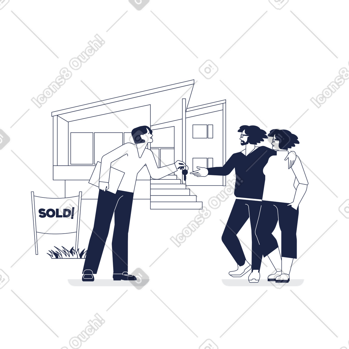 Ilustração de Corretor hipotecas entregando chaves aos clientes em no estilo Urban Line para baixar em PNG, SVG
