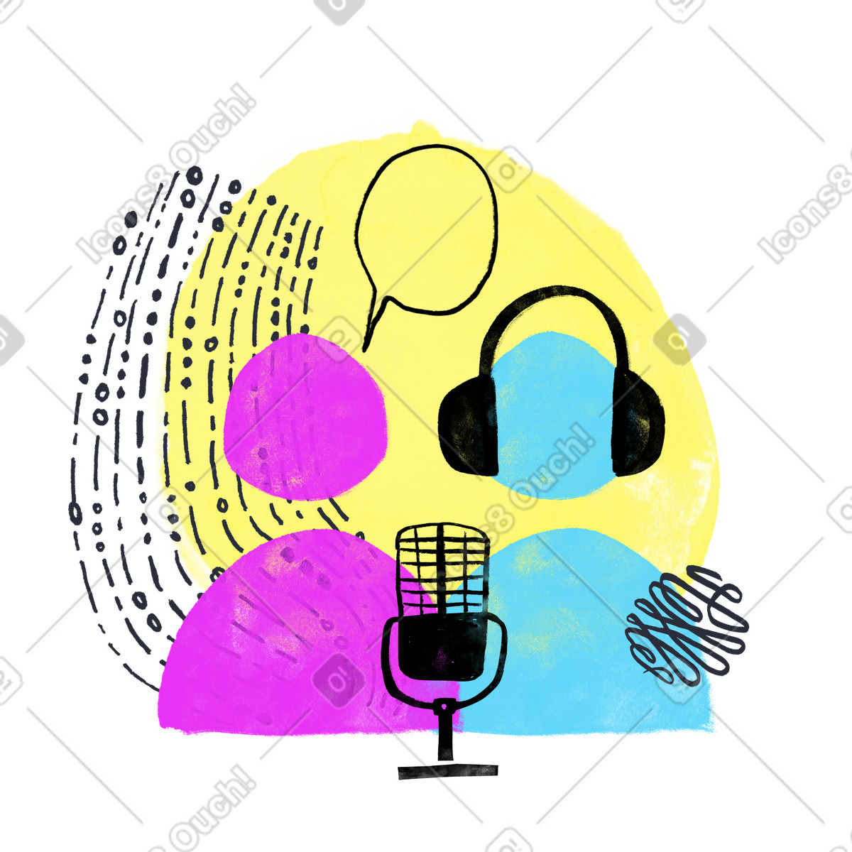 Podcast hosts talking with headphones, Collaborative media production illustration in Inky style download in PNG, SVG