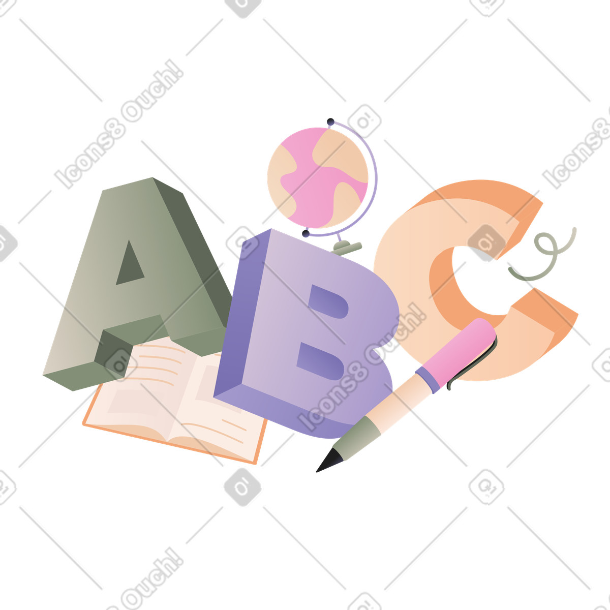 Lettering abc con globo, libro e testo a matita illustrazione in stile Coworking scarica in PNG, SVG