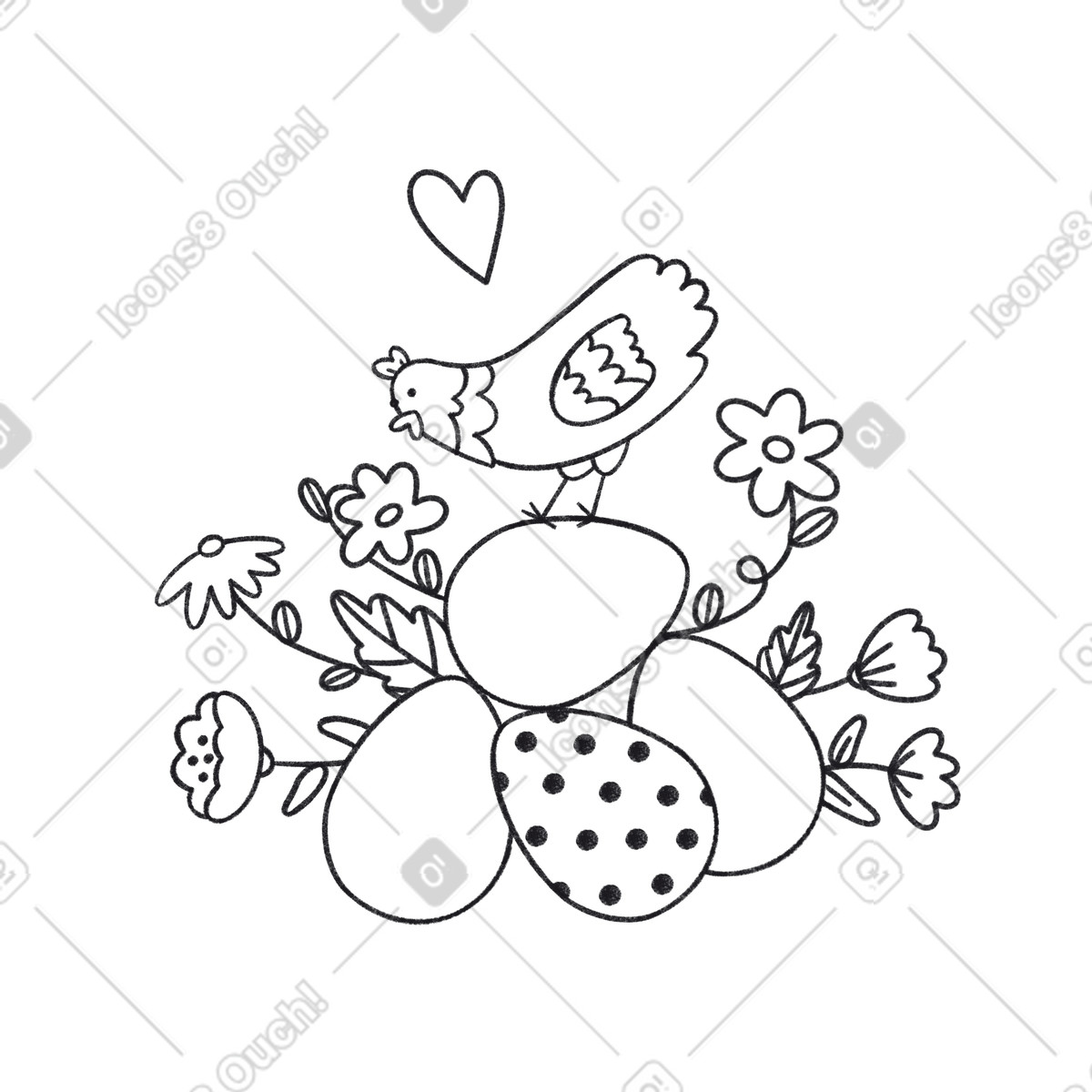 Easter eggs with chicken and flowers illustrazione in stile Bonbon Line scarica in PNG, SVG
